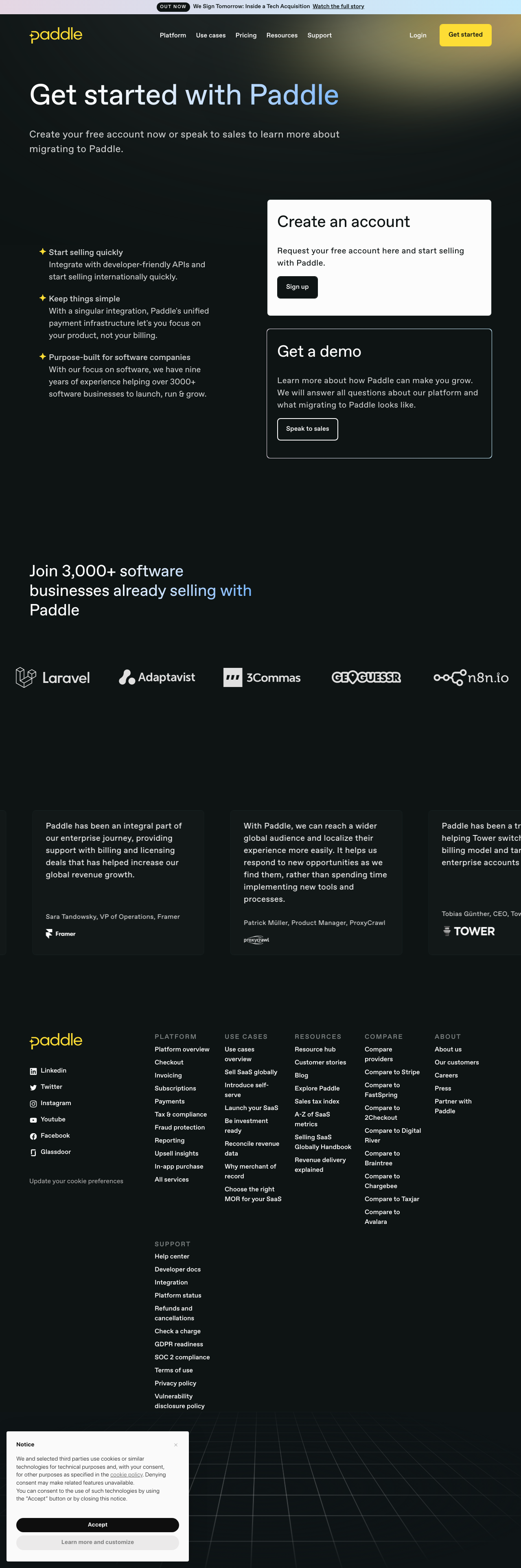 sign up page example of Get started with Paddle
