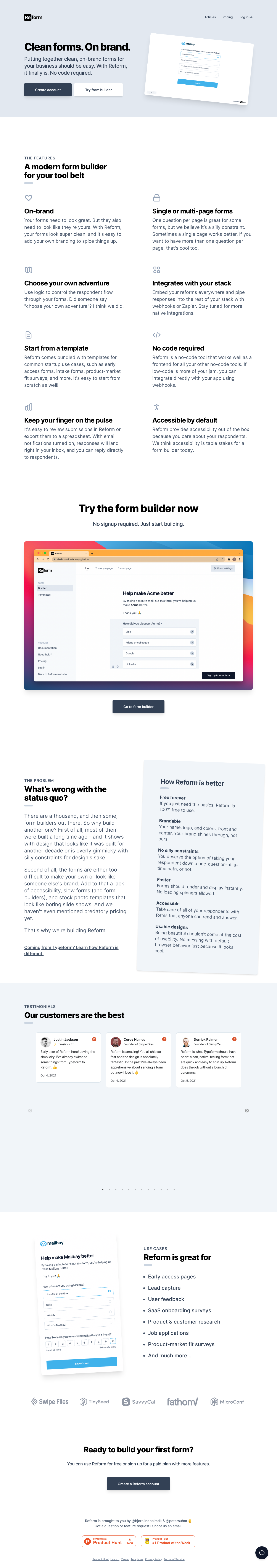 SaaS landing page example of Reform - Hosted forms. No code required.
