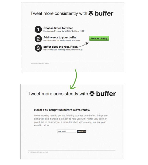 pre launch landing page example of Buffer