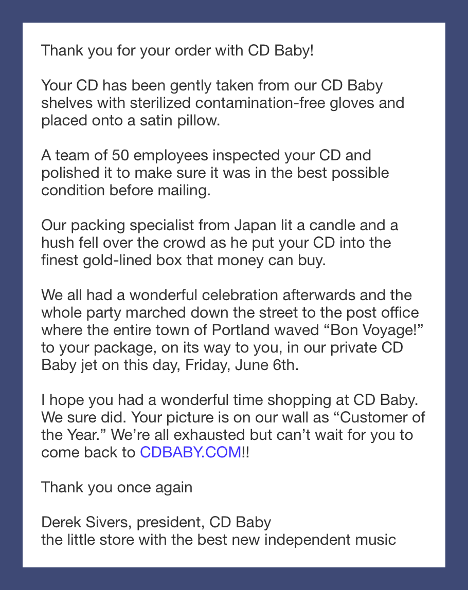 order confirmation email example of CD Baby Order Confirmation Email