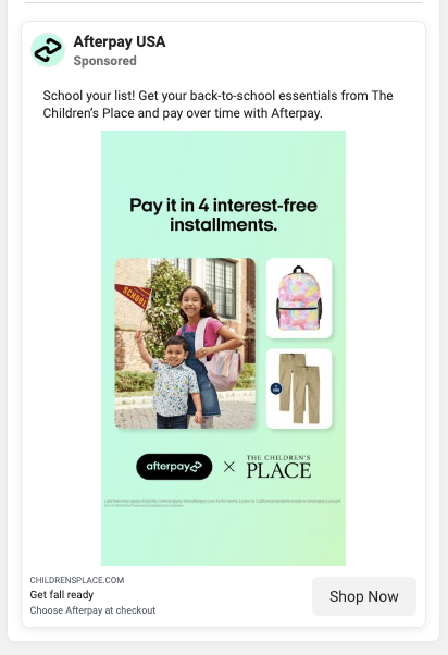 afterpay ad example of Afterpay Ad