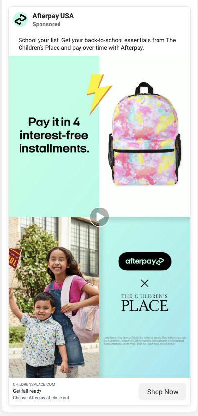 afterpay ad example of Afterpay Ad