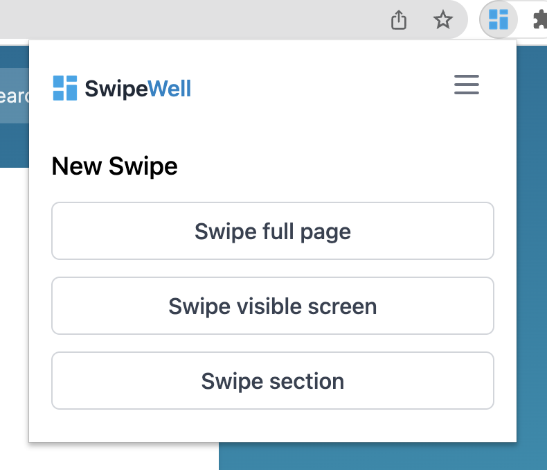 SwipeWell Chrome Extension with buttons for 'Swipe full page', 'Swipe visible screen', and 'swipe section