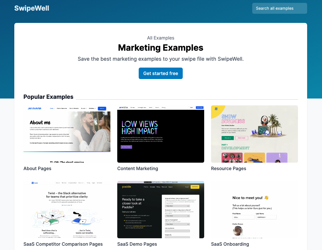 SwipeWell marketing examples showing collections of popular examples like about pages and content marketing.
